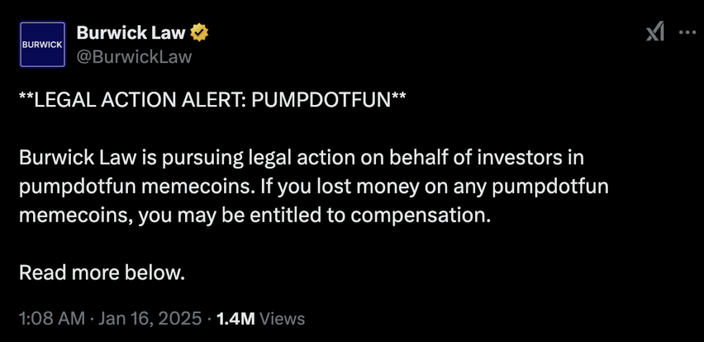 Burwick Law is pursuing legal action vs Pump.fun